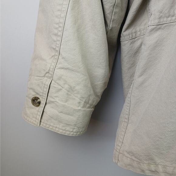 Eddie Bauer VTG SZ L Cotton Tan Chore Jacket Corduroy Collar Down Plaid Liner - Picture 10 of 11